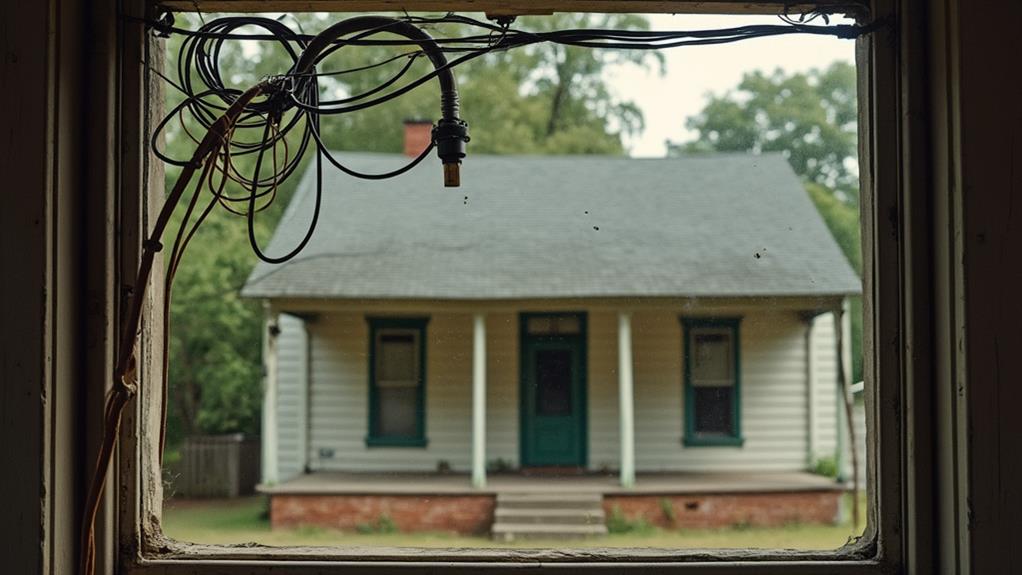 A view through a window of a neglected house with exposed wiring and a damaged porch.