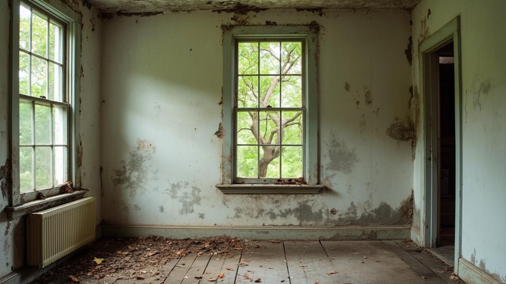 An abandoned room with peeling paint, a cracked window, and a dirty floor.