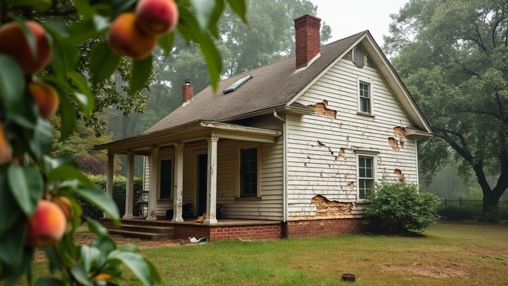 A weathered house with peeling paint and a damaged porch.