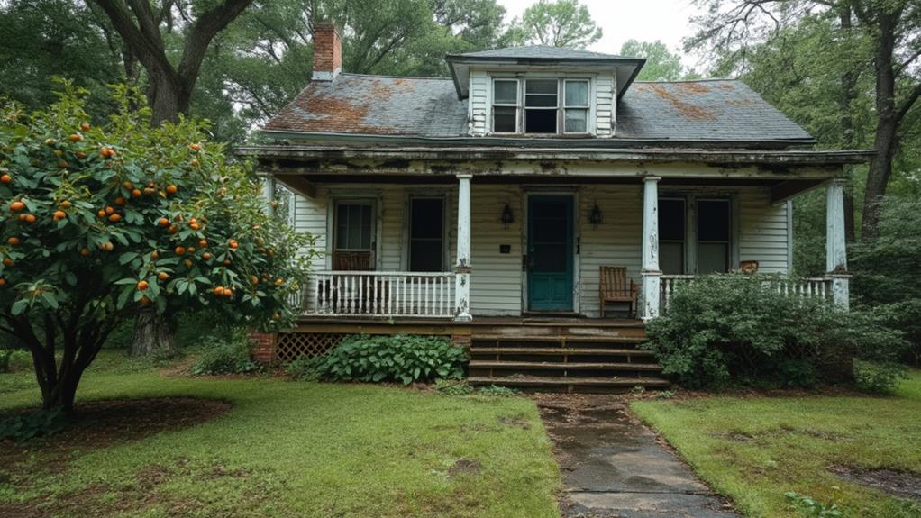 A neglected, weathered house with peeling paint and overgrown vegetation.