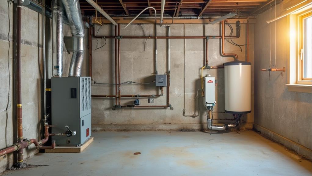 A basement with exposed HVAC and plumbing systems.
