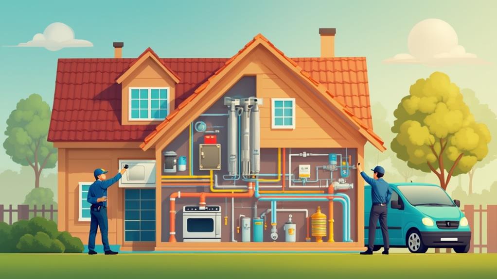 Illustration of a house with visible HVAC, plumbing, and electrical systems.